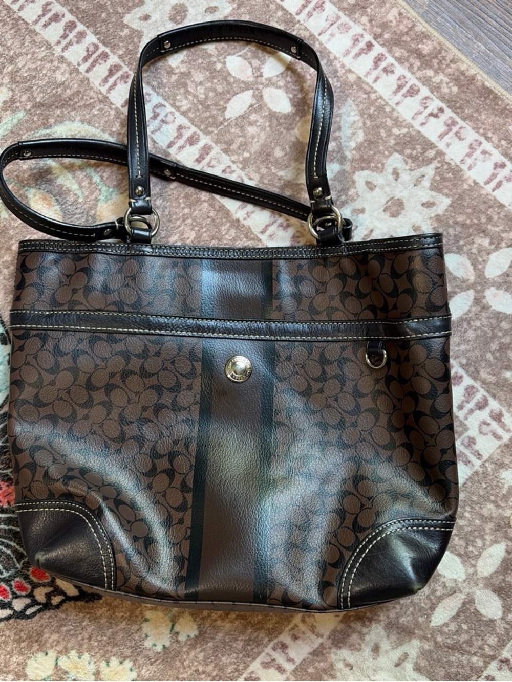 Coach Dark Brown Signature Canvas Tote with Black Trim